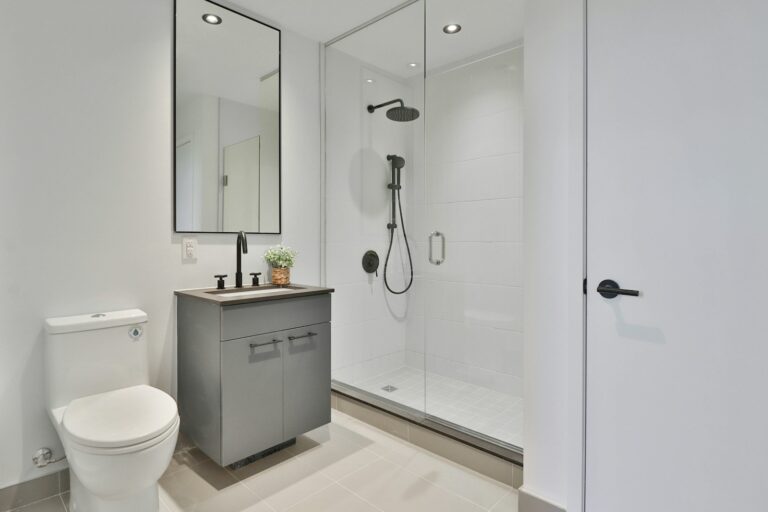 Moderne badkamer met een glazen douche, strak grijs wastafelmeubel en een toilet. Er is een grote spiegel boven het wastafelmeubel en een kleine plantendecoratie. Eenvoudig en minimalistisch ontwerp.